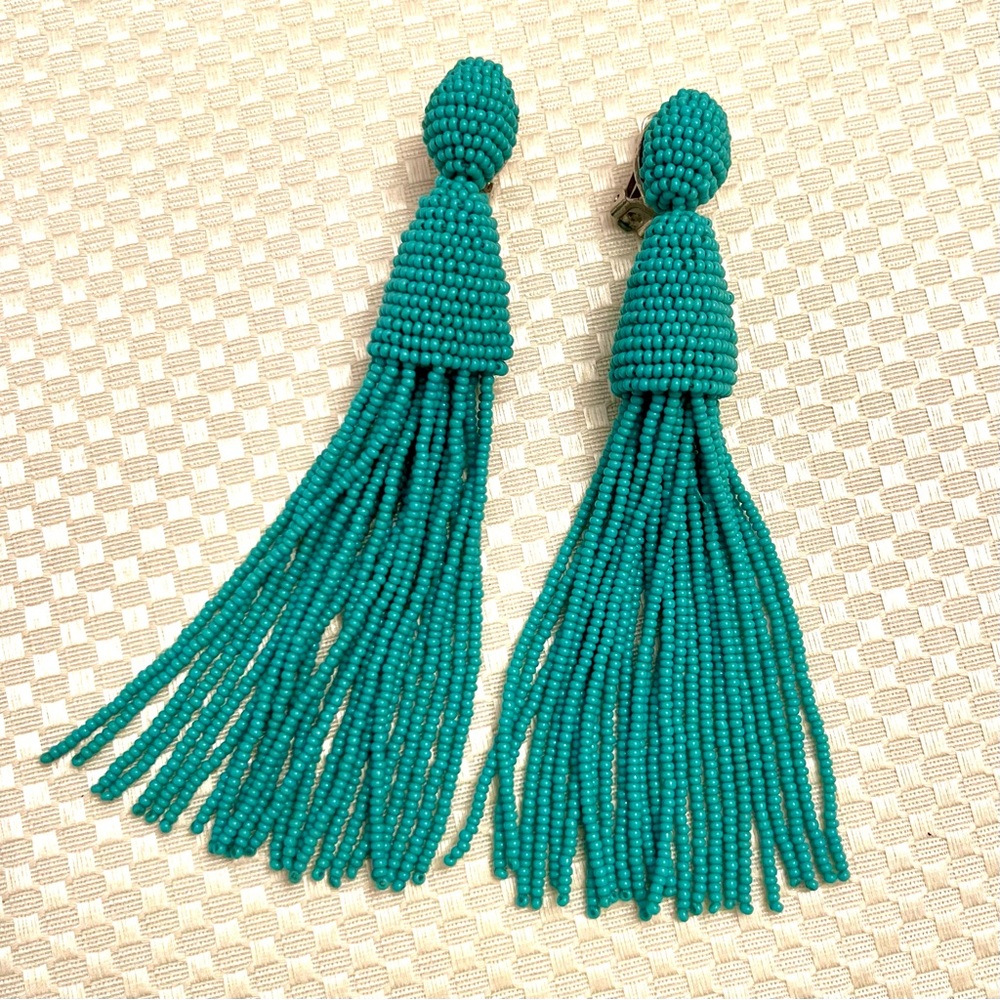 Oscar de la Renta Aquamarine Classic Long Tassel Clip-On Earrings - Picture 3 of 7